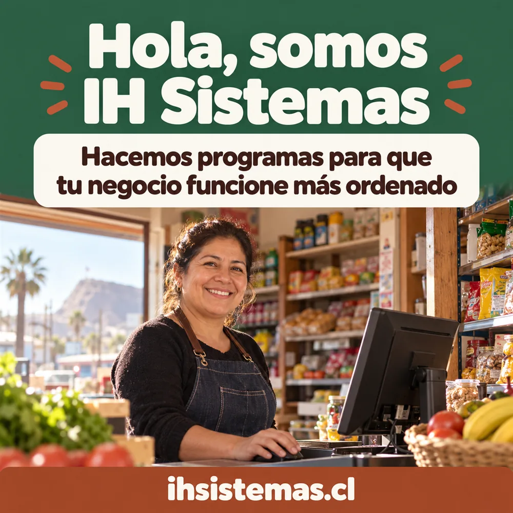 Ilustración promocional de IH Sistemas: atención en un almacén de Arica